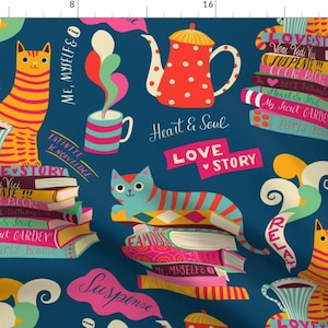 Cat Reading Fabric - Read And Relax With Tea And Cats By Miraparadies - Navy Blue Books Cats Cotton Fabric By The Yard With Spoonflower