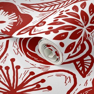 Block Print Wallpaper - Linocut Leaves and Petals Red Quiltgirl Run ...