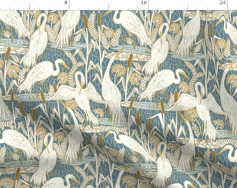 Coastal Cranes Fabric - Watching Cranes by illaberek - Art Deco Classic Nautical Cream Blue Nature Birds  Fabric by the Yard by Spoonflower