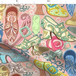 May include: A pink background with a repeating pattern of colorful, ornate shoes. The shoes are in various styles, including pumps, boots, and slippers. The shoes are decorated with intricate details, such as flowers, swirls, and geometric shapes.