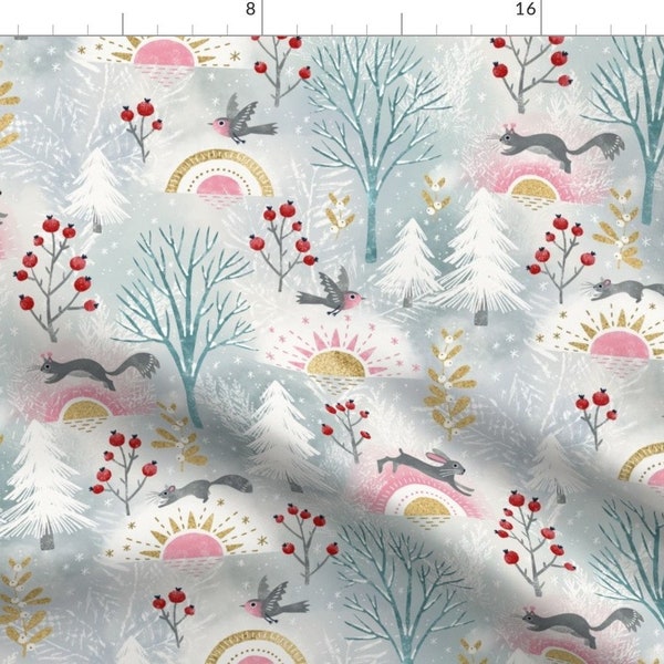 Forest Animals Fabric - Winter Solstice by marketa_stengl - Pastel Woodland Pale Blue Pink Botanical Fabric by the Yard by Spoonflower