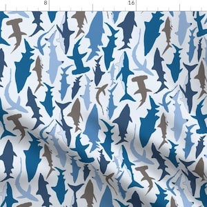 Blue Shark Fabric - Swimming With Sharks In Blue And Grey By Figandfossil - Boy Nautical Nursery Cotton Fabric By The Yard With Spoonflower