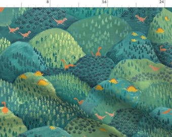 Dinosaur Green Hills Prehistoric Fabric - Woodland Greenery Dinosaurs By Taranealart - Dinosaur Cotton Fabric By The Yard With Spoonflower