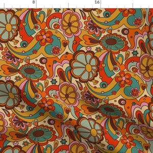 Psychedelic Flowers Fabric - Hippie Florals by movezerb - Hearts 1970s Muted Colors Flower Power  Fabric by the Yard by Spoonflower