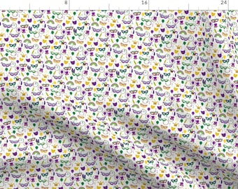 Mardi Gras Celebration Fabric - White Carnival Motifs By Charlottewint - White Purple Green Mask Cotton Fabric By The Yard With Spoonflower