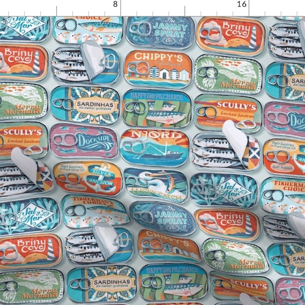 Fish Fabric - Fish Tins In Seaglass By Taranealart - Fish Sardines Cans Nautical New England Sea Cotton Fabric By The Yard With Spoonflower
