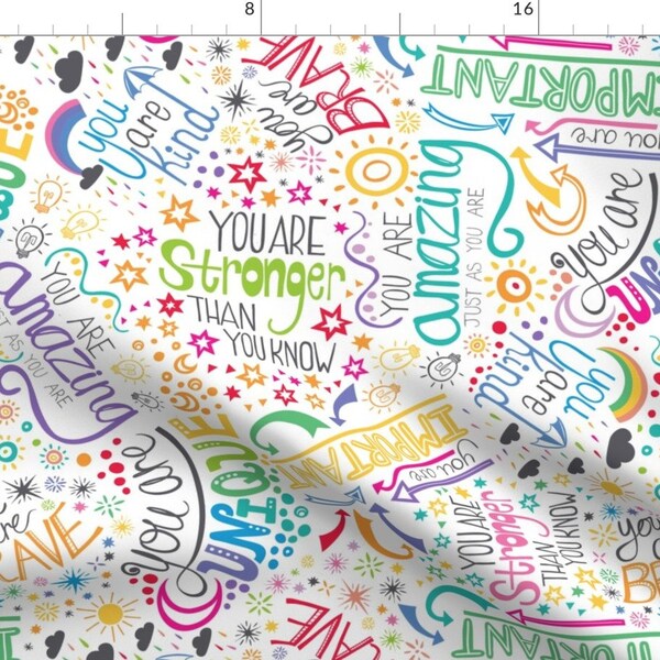 Positive Words Fabric - Rainbow Affirmations by handypanda - Typography Lettering Bright Colorful Stars Fabric by the Yard by Spoonflower