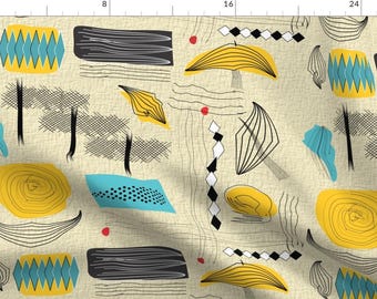 Modern Fabric - Mid-Century Abstract By Mid-Century - MidCentury Mod Art Retro Yellow Blue Cotton Fabric By The Yard With Spoonflower