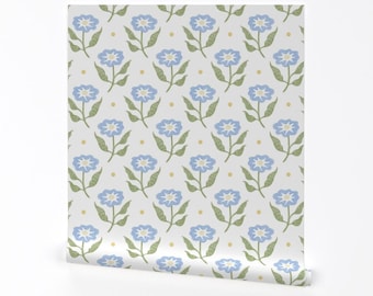 Einfache blaue wiederablösbare Tapete mit Blumenmuster - Blaue botanische Wiese - Tapete - Skizziert Blumen Blau von vivdesign