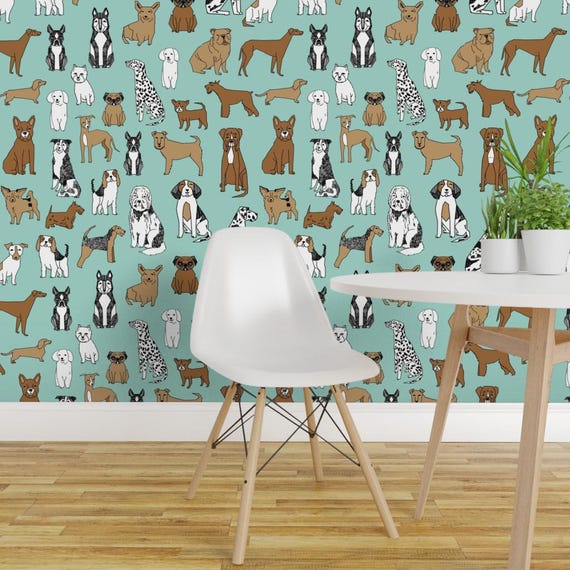 Dog Wallpaper - Mint Pets Dog Breeds Print By Andrea Lauren - Pets Custom Printed Removable Self Adhesive Wallpaper Roll by Spoonflower