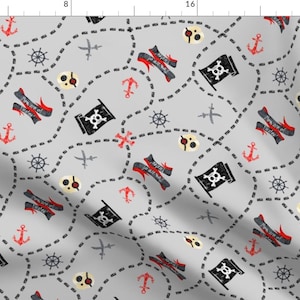 Beware of Pirates Fabric - Chalk Pirates Map Grey By Wickedrefined - Skull And Cross Bones Boy's Cotton Fabric by the Yard with Spoonflower