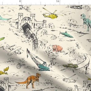 May include: Cream-coloured fabric with a whimsical design featuring dinosaurs, castles, aeroplanes, helicopters, and rockets. The illustrations are in black and white with accents of teal, yellow, and orange. Suitable for various craft projects.
