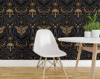 Mushroom Damask Peel and Stick Wallpaper - Dark Witchy Gothic Moon Phase - Removable Wall Decor Art - Gothic Nature Damask by byre_wilde