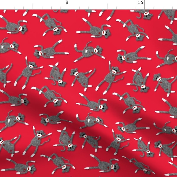 Red Sock Monkey Fabric - Sock Monkey Red Party! By Vo_Aka_Virginiao - Red Sock Monkey Cotton Fabric By The Yard With Spoonflower