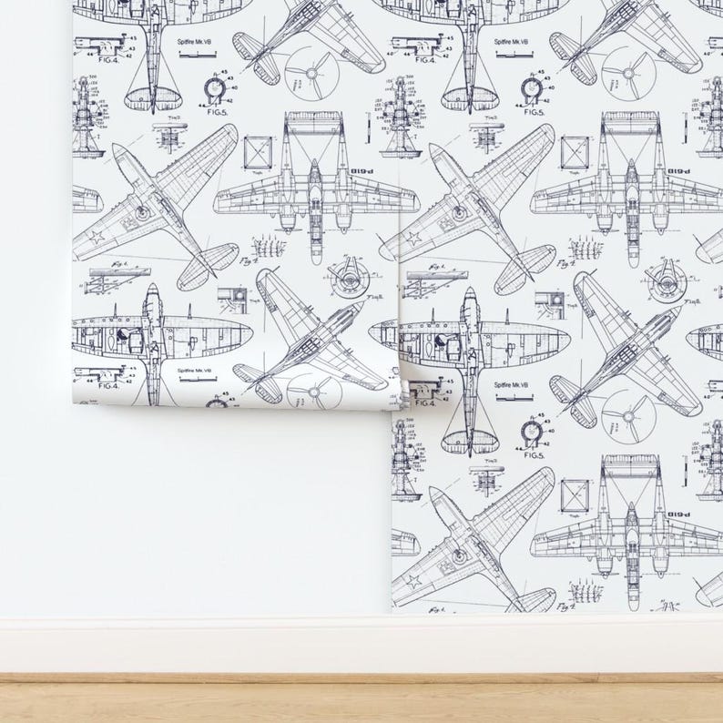 Airplane Peel and Stick Wallpaper - Aviation Aeroplane Doodles - Removable Wall Decor Art - Airplane Patent Drawings by red_raspberry_design image 4