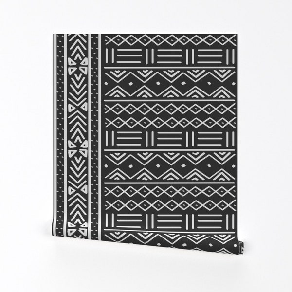 Mudcloth Wallpaper - African Mudcloth By Thestylesafari - Black White Tribal Trend Kid Removable Self Adhesive Wallpaper Roll by Spoonflower