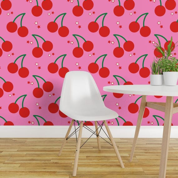 Pink Wallpaper - Cherry Bomb By Circa78designs - Pink Cherries Custom Printed Removable Self Adhesive Wallpaper Roll by Spoonflower