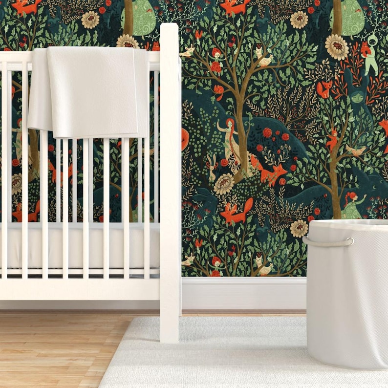 Fairy Tale Removable Peel and Stick Wallpaper - Enchanted Forest Foxes - Wall Art Wall Decor - Whimsical Wonderland by gaiamarfurt image 1