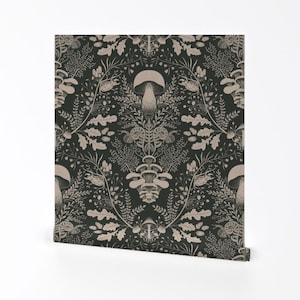 Woodland Wallpaper - Mushroom Forest Damask By Denesannadesign - Gray Beige Leaves Removable Self Adhesive Wallpaper Roll by Spoonflower