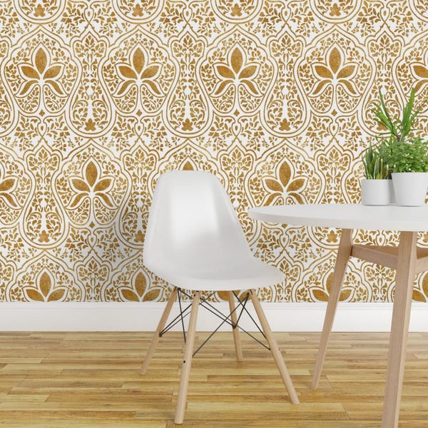 Indian Wallpaper - Rajkumari White And Gilt Gold By Peacoquettedesigns- Custom Printed Removable Self Adhesive Wallpaper Roll by Spoonflower