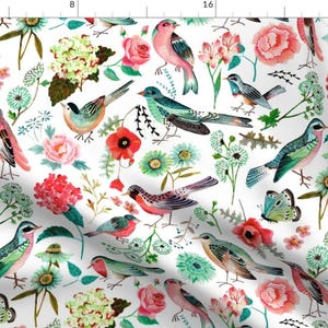 Watercolor Birds  Fabric - Birds Flowers Pink Green Floral Girls Room By Caroline Bonne Muller - Cotton Fabric By The Yard With Spoonflower