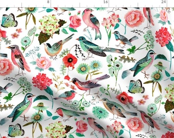Watercolor Birds  Fabric - Birds Flowers Pink Green Floral Girls Room By Caroline Bonne Muller - Cotton Fabric By The Yard With Spoonflower