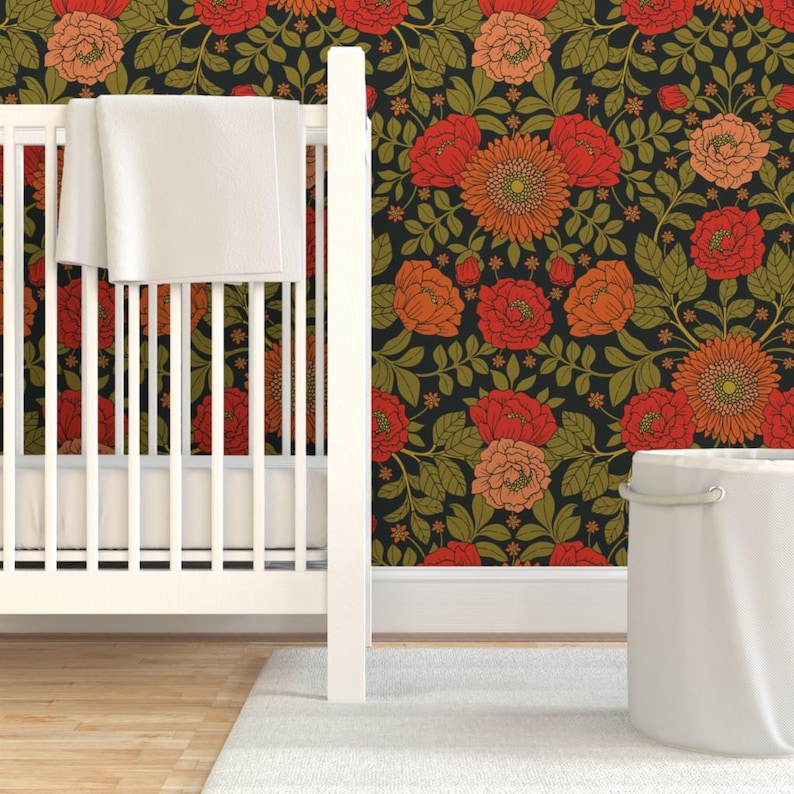 Vintage Garden Peel and Stick Wallpaper - Green Red Orange Victorian Floral - Removable Wall Decor Art - Botanical Pattern by somecallmebeth image 6