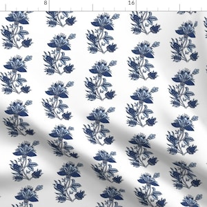 Block Print Flower Fabric - French Floral Blue Flower Block By Jenlats - Blue Block Print Flower Cotton Fabric By The Yard With Spoonflower