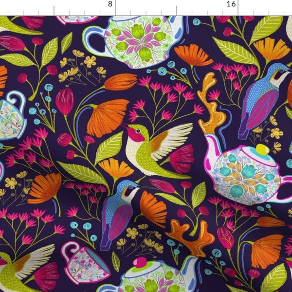 Jewel Tones Garden Fabric - Hummingbird Garden Party by ashleyinthestars - Floral Nature Garden Tea Party Fabric by the Yard by Spoonflower