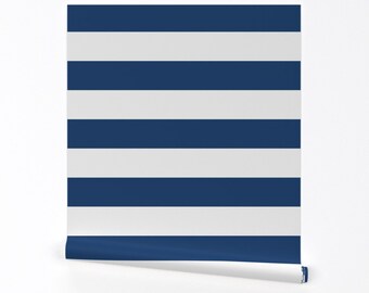 Nautical Wallpaper - Nautical Stripes By Kiniart - Nautical Navy White Custom Printed Removable Self Adhesive Wallpaper Roll by Spoonflower