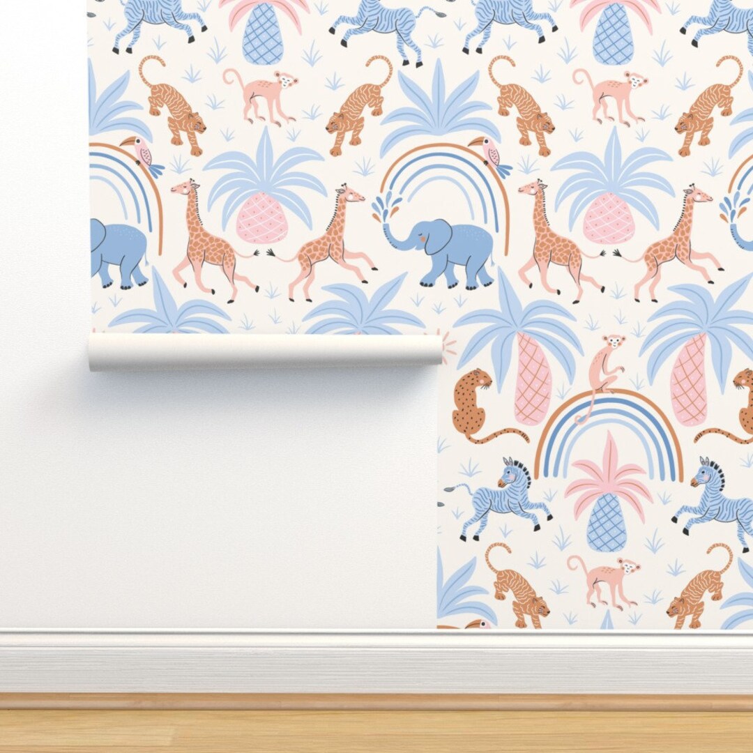Pastel Zoo Wallpaper Joyful Jungle by Vivdesign Palm Trees Etsy