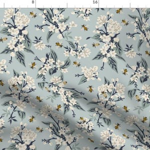 Lemon Flowers Blue Fabric - Flowers Honey Bees - Blue By Fernlesliestudio - Lemon Flowers Cotton Fabric By The Yard With Spoonflower
