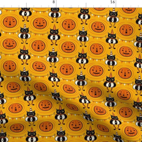 Pumpkin Cat Fabric - Halloween Cats And Pennants By Johannaparkerdesign- Halloween Vintage Kitsch Cotton Fabric By The Yard With Spoonflower