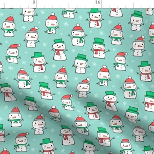 Snowman Fabric - Winter Christmas Snowman Snowflakes Red Green On Mint By Caja Design - Snowman Cotton Fabric By The Yard With Spoonflower