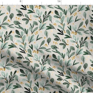 Mistletoe Green Floral Fabric - Winter Berry Sprigs - Gold On Gray By Crystal Walen - Mistletoe Cotton Fabric By The Yard With Spoonflower image 1