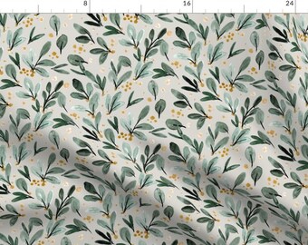 Mistletoe Green Floral Fabric - Winter Berry Sprigs - Gold On Gray By Crystal Walen - Mistletoe Cotton Fabric By The Yard With Spoonflower