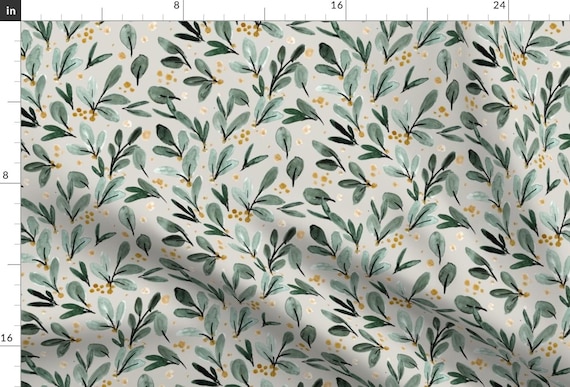 Mistletoe Green Floral Fabric - Winter Berry Sprigs - Gold On Gray By Crystal Walen - Mistletoe Cotton Fabric By The Yard With Spoonflower