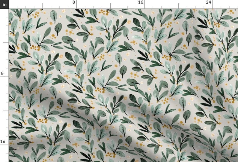 Mistletoe Green Floral Fabric - Winter Berry Sprigs - Gold On Gray By Crystal Walen - Mistletoe Cotton Fabric By The Yard With Spoonflower image 1