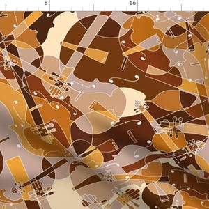 May include: A seamless pattern featuring abstract shapes of violins in shades of brown, beige, and cream. The design is reminiscent of a musical score, with the violins overlapping and intertwining.