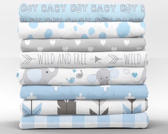 Baby Boy Cotton Fat Quarters - Light Blue White Gray Infant Newborn Nursery Petal Quilting Cotton Mix & Match Fat Quarters by Spoonflower