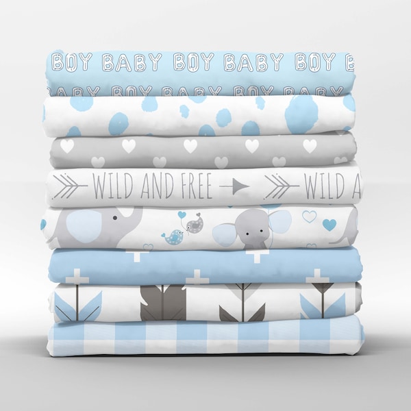 Babypojke bomull Fat Quarters - Ljusblå Vit Grå Spädbarn Nyfödd Barnrum Petal Quilting Bomull Mixa & Matcha Fat Quarters av Spoonflower