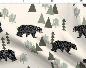 Bear Fabric - Forest Bear Cream Green Neutral Baby Xlarge Version By Andrea Lauren - Woodland Cotton Fabric By The Yard With Spoonflower
