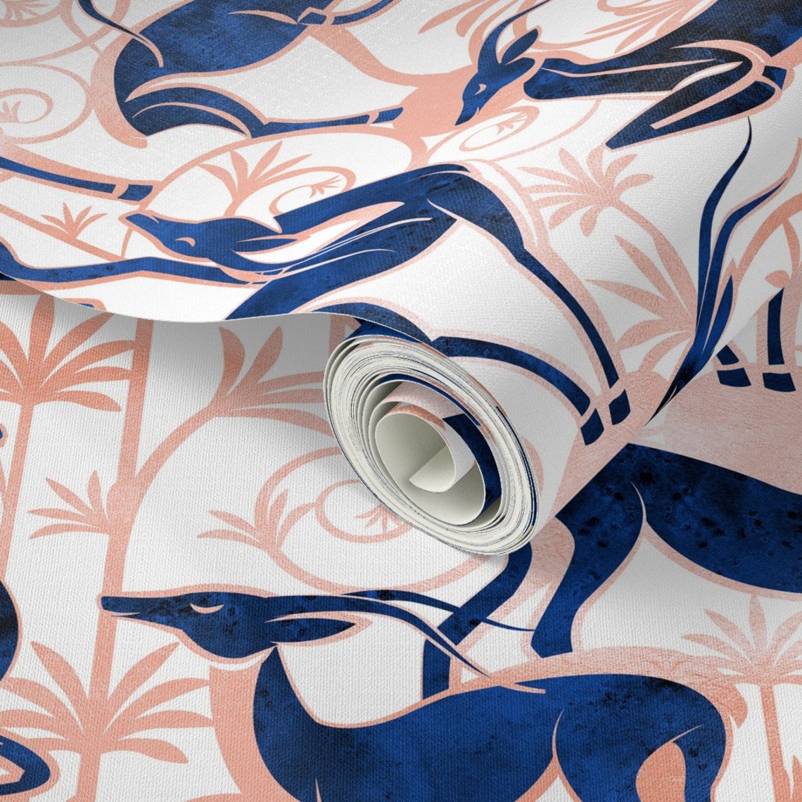 Gazelles Wallpaper White Navy Animals and Rose by - Etsy