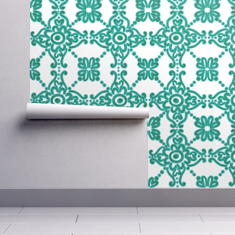 Talavera Wallpaper-Spanish Tile Pantone Arcadia Green By Helenpdesigns Custom Printed Removable Self Adhesive Wallpaper Roll by Spoonflower