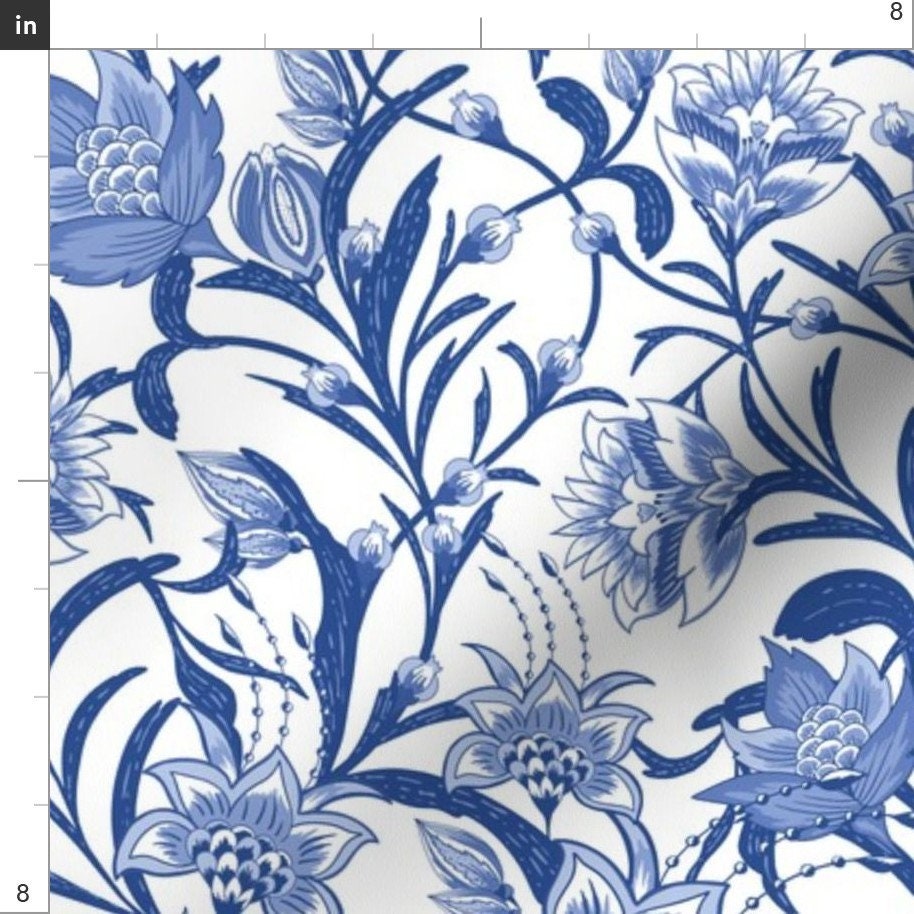Chintz Blue Vintage Floral Illustration Fabric Chintz China | Etsy