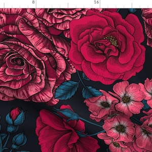 Maximalist Rose Fabric - Pink Roses by katerina_kirilova - Xl Scale Botanical Black Blue Red Moody Floral  Fabric by the Yard by Spoonflower