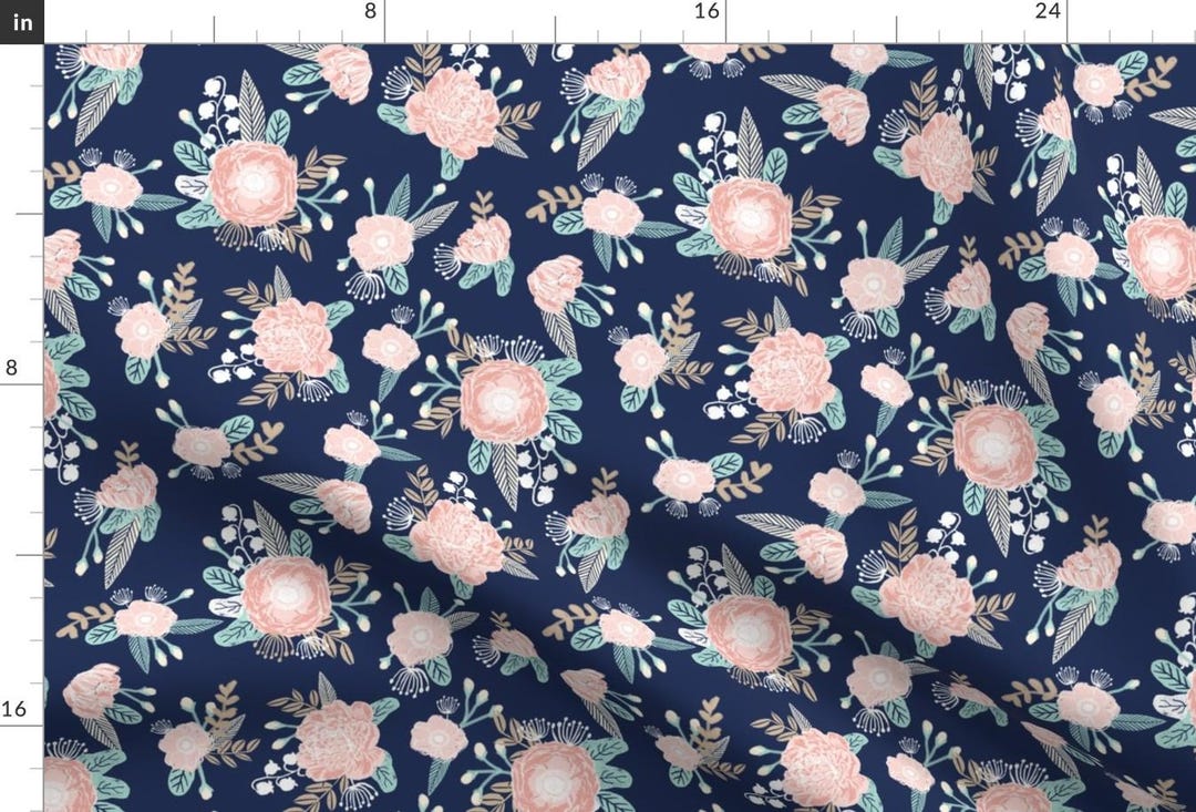 Pink Flowers on Blue Fabric - Florals - Navy Blue, Blush Pink, Taupe ...