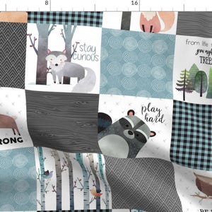 Woodland Blue Quilt Fabric - Woodland Critters Patchwork Quilt - Bear Moose Fox Raccoon Wolf, Gray Blue Design Gingerlous By Gingerlous