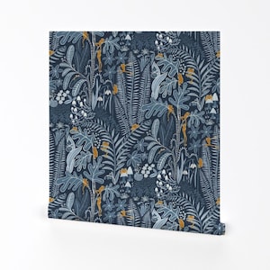 Papel pintado autoadhesivo de rana naranja - Flores azules, plantas, ranas, selva - Decoración de pared - Ranas nocturnas de ramarama
