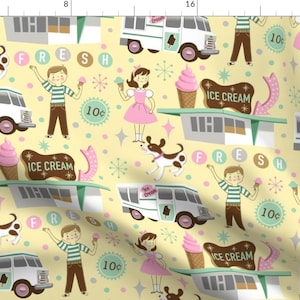 May include: A repeating pattern featuring retro ice cream trucks, children, dogs, and ice cream cones on a light yellow background. The design includes the text "FRESH" and "ICE CREAM" in a vintage style, with "10¢" signs.